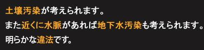 土壌汚染が考えられます。また近くに水脈があれば地下水汚染も考えられます。